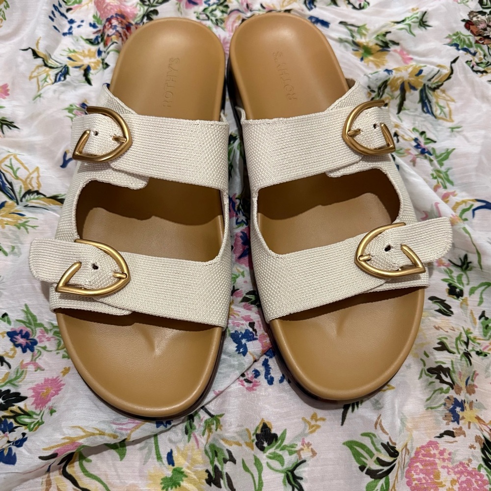 Rothy's Cream Dual Buckle Slide Sandals with Gold Hardware